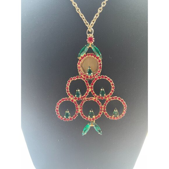 Vintage Rhinestone Christmas Tree Pendant Necklace With Gold-Tone Chain & Red/Gr - Picture 3 of 16